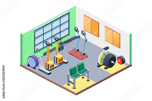 Isometric gym interior with cardio equipment and seating