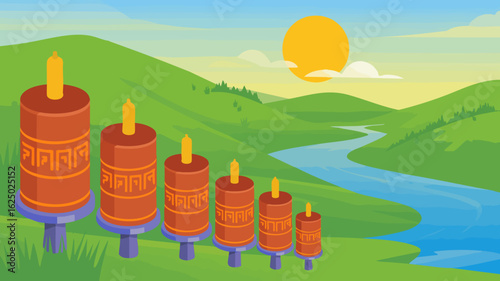 Vector SVG Illustration of Candles and Landscape in Modern Flat Style with Bright Colors for Digital Media
