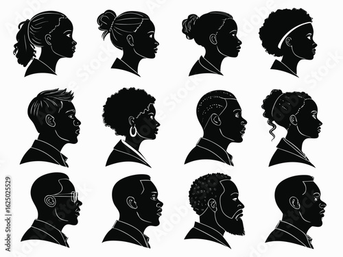 Vector art of collection of diverse african american men and women profiles in silhouette showcasing various hairstyles and features in a vector format
