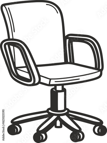 Office chair illustration modern swivel seat with armrests and wheels, minimal black and white ergonomic furniture design