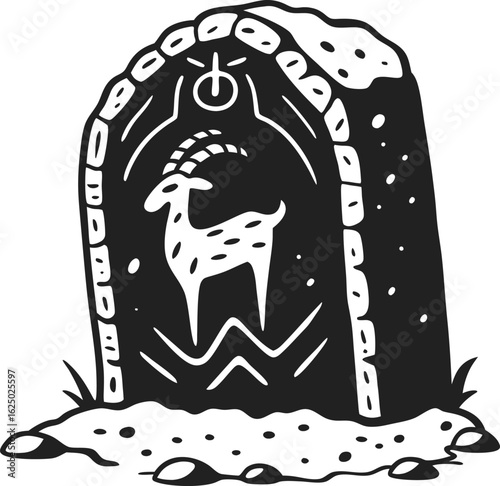 Ancient stone carving featuring mountain goat petroglyph, nature archway background, archaeological primitive art symbol