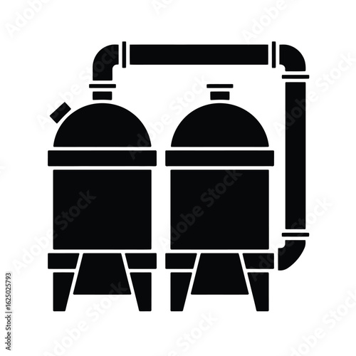 Industrial water treatment tanks connected by pipes in a black and white illustration