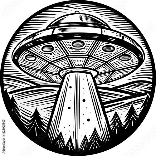 Alien spaceship hovering above forest with luminous beam futuristic ufo encounter, mysterious abduction, extraterrestrial science fiction