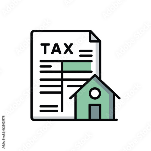 Illustration of a tax document next to a green house icon representing property tax