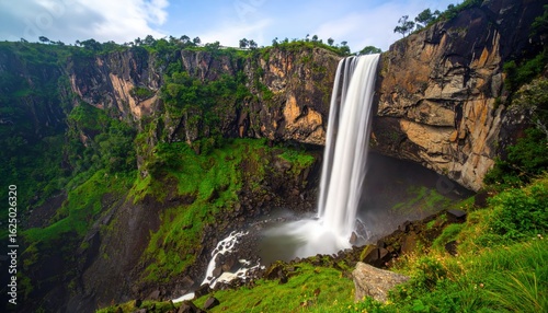 Majestic Waterfall Plunging Down Cliff: A powerful waterfall cascading from a high cliff into a pool, surrounded by vibrant green foliage under a clear sky.