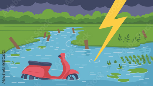 Vector SVG Illustration of Storm Damage Scene with Lightning Strike and Flooded Scooter in Modern Flat Style with Vibrant Colors