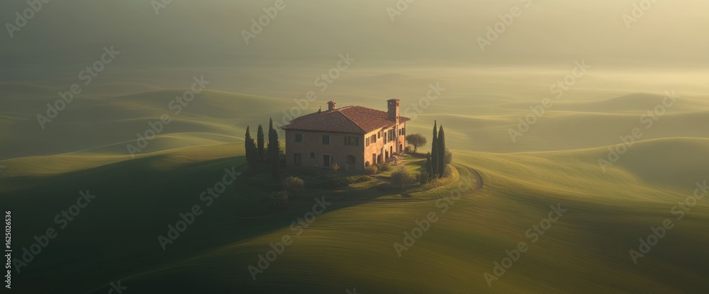 Fototapeta premium Tuscan Villa in the Morning Mist: A Serene Landscape