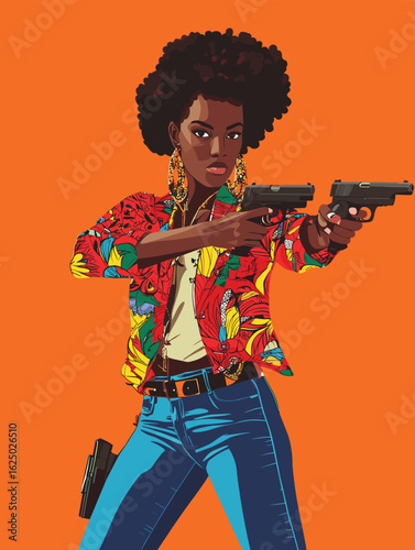 African woman in vibrant Ankara jacket with holstered pistols, poised hero stance vector