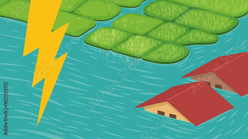 Vector Minimalist SVG Icon Set with Lightning Bolt and Flooded Houses in Flat Design Style