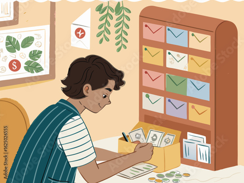 Vector cartoon illustration of a young woman sitting at a desk with a laptop, reading a book
