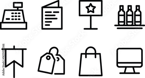 Eight Outline Icons Cash Register, Menu, Sign, Bottles, Banner, Tags, Bag and Screen