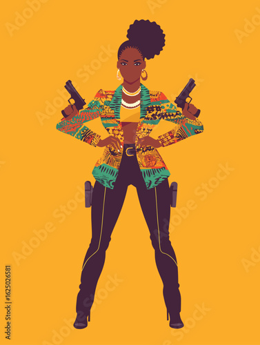 African woman in vibrant Ankara jacket with holstered pistols, poised hero stance vector