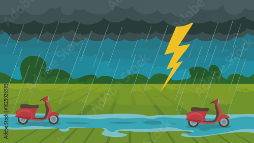 Vector SVG Illustration of Stormy Weather Scene with Lightning and Rain in Modern Flat Style