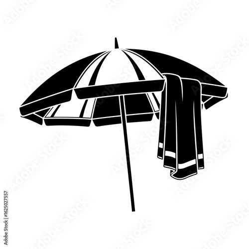 Vector art of a black silhouette of a beach umbrella providing shade with a towel draped over it, isolated on white background, for sunny day relaxation