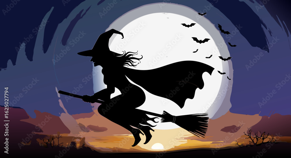 Dark Fantasy Vector SVG Illustration of Witch Flying on Broomstick with Bat Silhouettes in Modern Flat Style with Night Sky Colors Dark Fantasy Vector SVG Illustration of Witch Flying on Broomstick with Bat Silhouettes in Modern Flat Style with Night Sky Colors