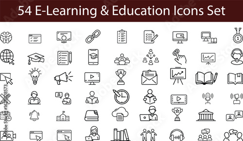 Digital Learning Icons: A collection of meticulously crafted line icons representing the multifaceted world of electronic learning and education.