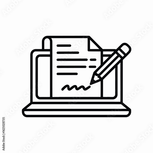 Digital signature on document using pencil and laptop icon