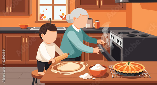 Grandmother and grandson sharing a heartwarming moment baking together in the kitchen