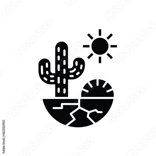 Desert landscape with saguaro cactus cracked earth and bright sun icon