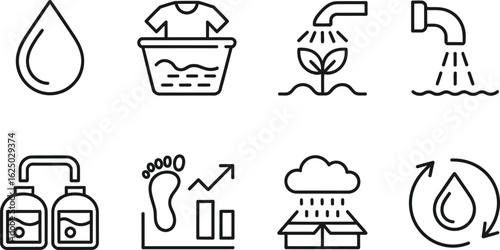 Linear Eco Icons Set Water Drop, Plant Watering, Laundry, Rain, Recycling