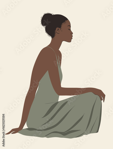 African woman kneeling with hand resting on thigh, soft flowing fabric dress, serene facial expression vector