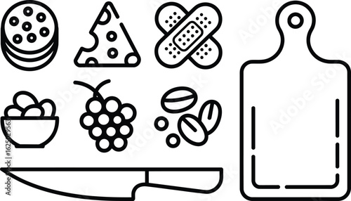 Minimalist Black Line Icon of Food Set with Transparent Background