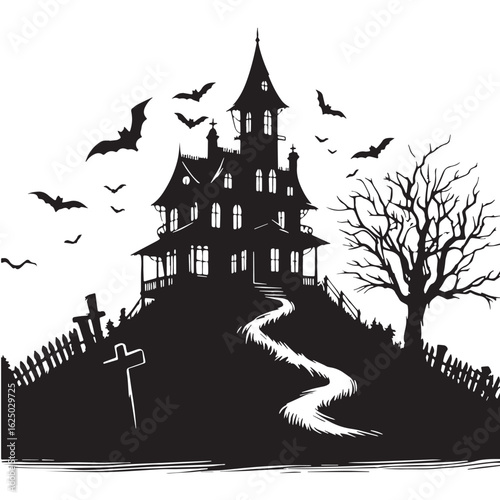 black Haunted house on hill  Silhouette Vector, High Quality Illustration on White Background