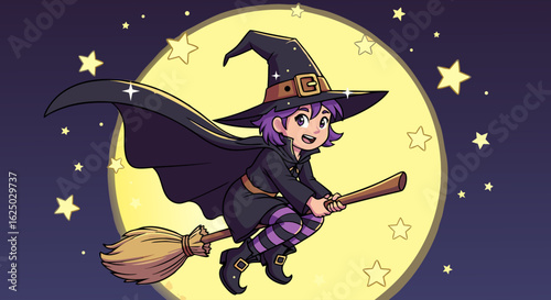 Vector SVG Illustration of Cute Witch Flying on Broomstick in Flat Modern Style with Bright Purple and Yellow Colors
