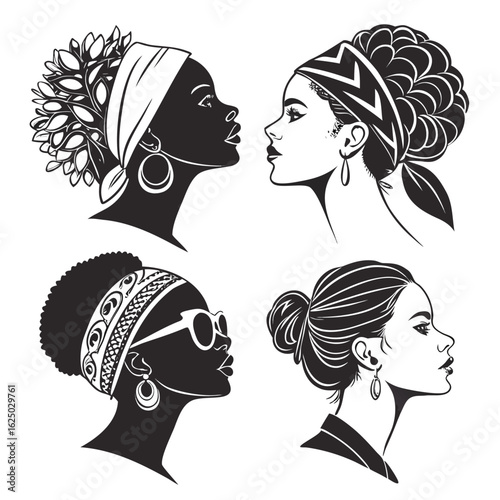 Vector art of four elegant women with diverse hairstyles and accessories showcasing beauty and cultural fashion in a vintage style