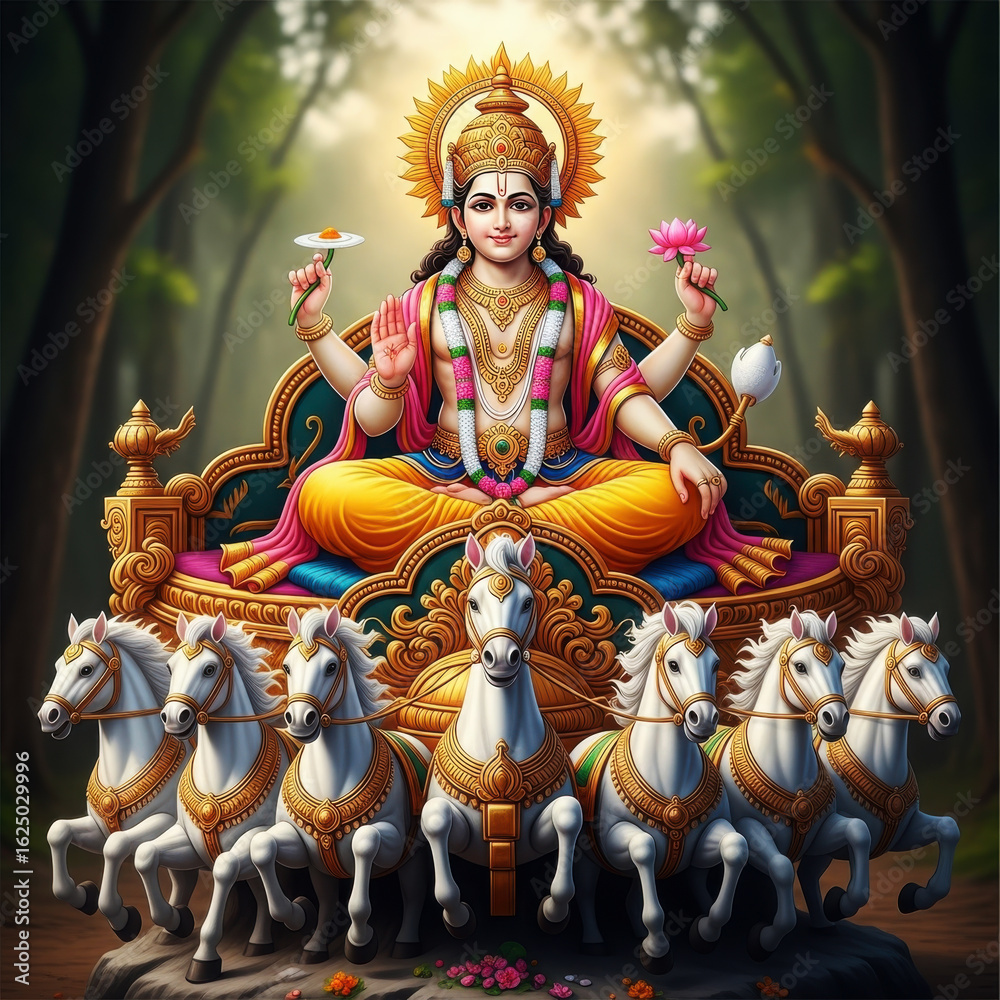 Fototapeta premium Surya God riding chariot with horses Hindu Hinduism