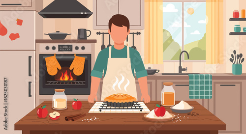 Home baking concept with a man presenting a delicious homemade apple pie
