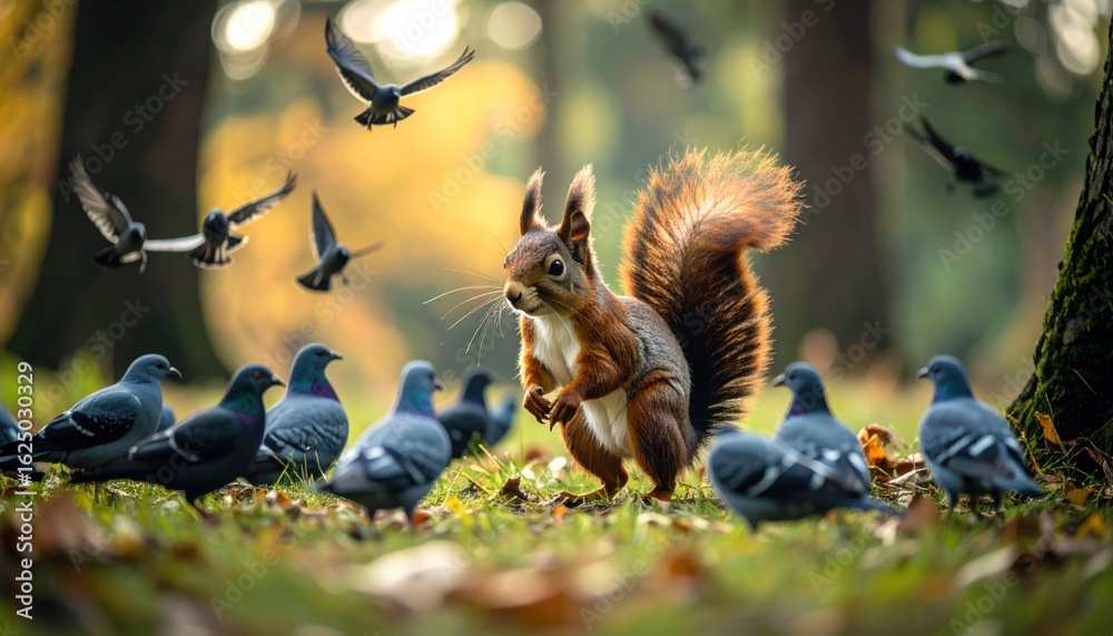 Obraz premium Squirrel amidst pigeons in autumn park
