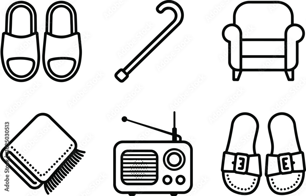 Fototapeta premium Outline Icons of Home Slippers Armchair Blanket Radio and Walking Stick on White
