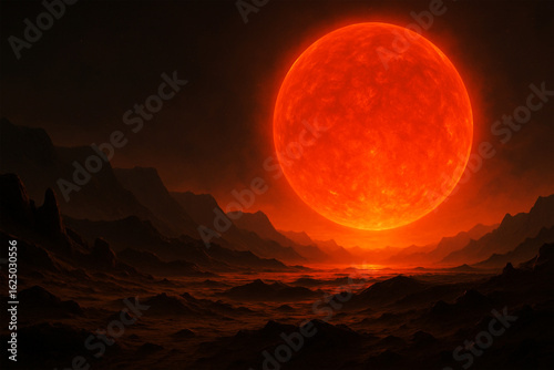 Fiery Sun Setting Over Alien Landscape