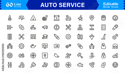 Comprehensive Auto Service Icon Set Featuring Car Repair, Maintenance Tools, and Vehicle Diagnostics in Vector Style