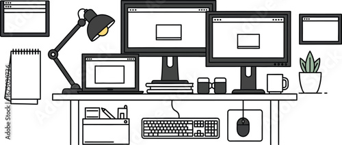 Illustration of a modern office desk setup with computer, laptop, and stationery, , showcasing a productive workspace