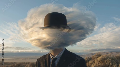 Surreal businessman portrait with cloud head in dreamy landscape video sequence
