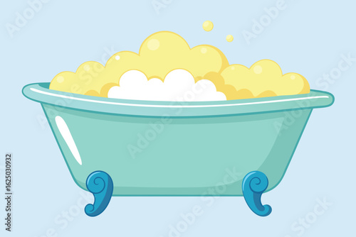 A vintage clawfoot bathtub filled with bubbly yellow bath foam