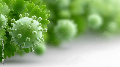 Green Virus Cell with Protrusions and Leafy Background against a Plain Surface Backdrop