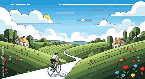 Active lifestyle concept with a cyclist enjoying a ride through a sunny rural landscape.
