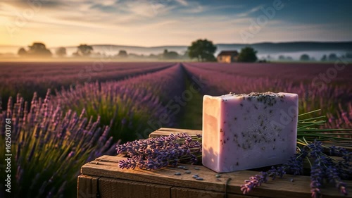 Lavender soap in blooming field at golden hour	