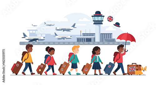 Diverse group of children with luggage embarking on a travel adventure at the airport