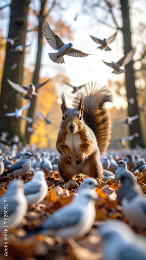 Obraz premium Squirrel surrounded by birds in autumn park (2)