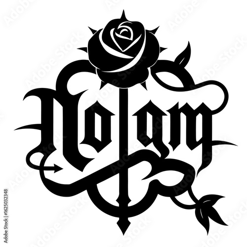 Striking blackwork tattoo design featuring a prominent central inscription with bold typography and artistic detailing