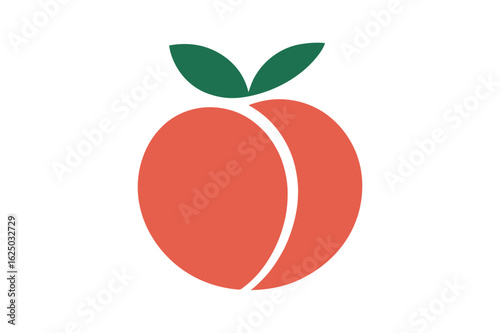 Illustration of a single peach with two green leaves at the top on a white background field