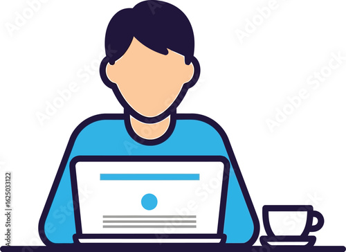 Illustration of a man working a laptop with a cup of coffee, , representing remote work, online communication, and digital productivity in a modern style
