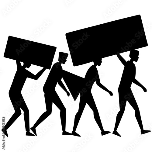 Group of people carrying large rectangular objects together in a procession silhouette isolated on transparent background
