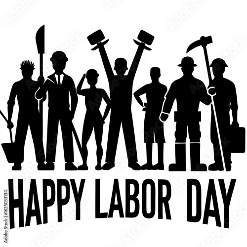 Diverse group of workers celebrating labor day with tools and raised fists silhouette isolated on transparent background