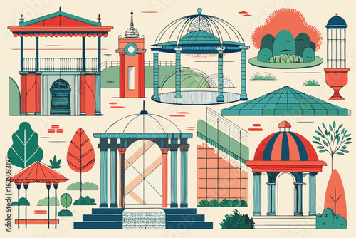 Collection of diverse architectural gazebos and pavilions in a flat design style