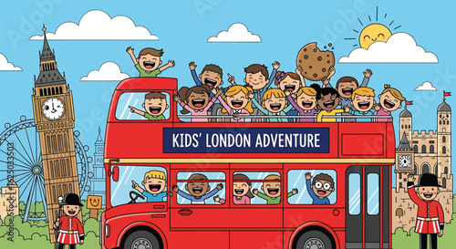 Cartoon children on a fun double-decker bus tour adventure in London